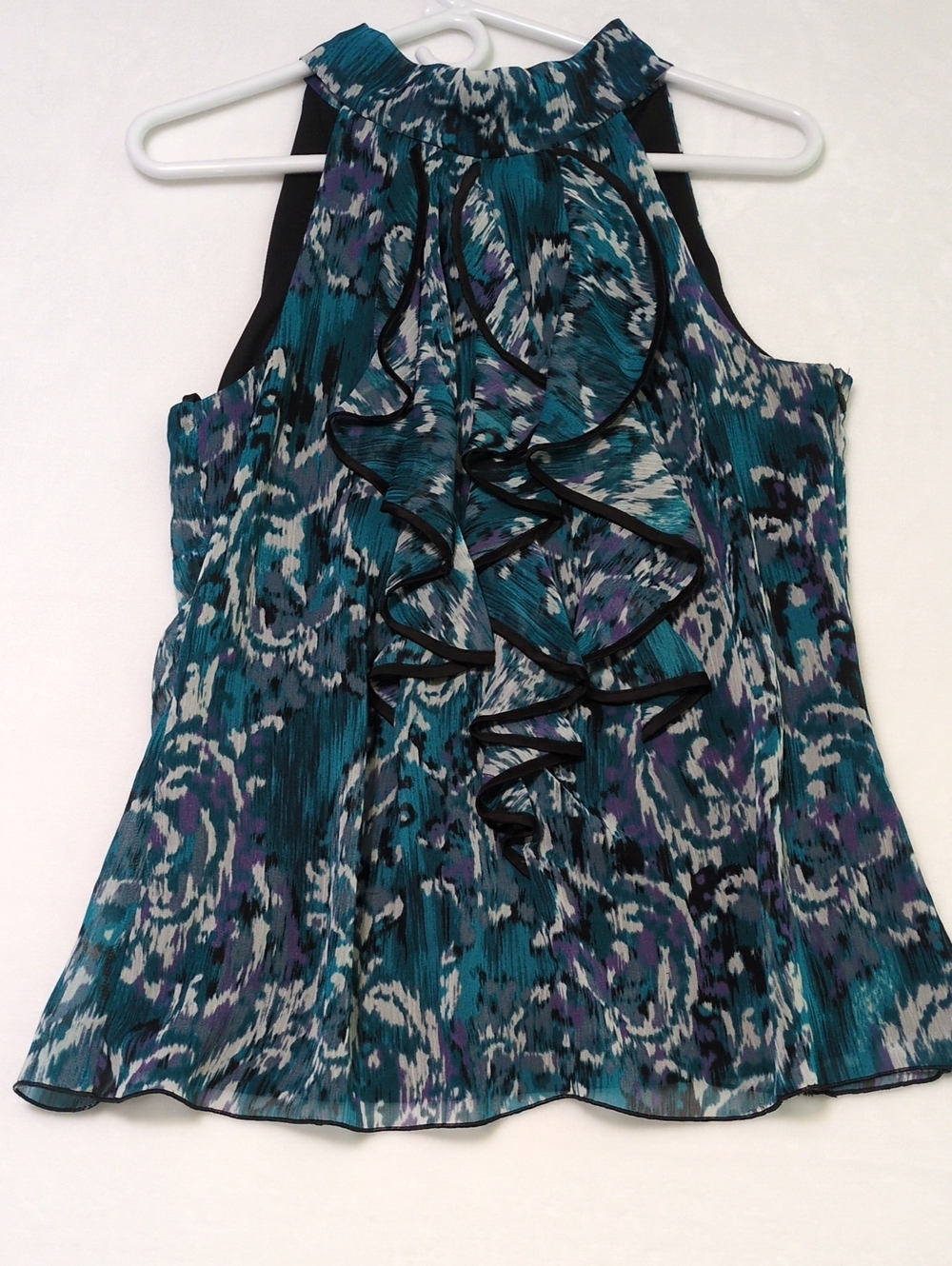 B-Wear Byer California Teal Abstract Print Ruffle Halter Top Blouse Size Large